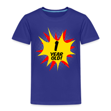Load image into Gallery viewer, Kids Superhero Comic Explosion Boy's 1st Birthday T-Shirt - royal blue