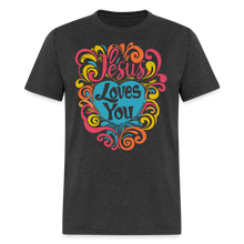 Load image into Gallery viewer, Jesus Loves You Colorful Groovy Christian JLY Jesus T-Shirt - heather black