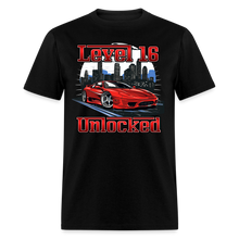 Load image into Gallery viewer, Level 16 Unlocked 16th Birthday Boy Gamer Sports Car Driver T-Shirt - black