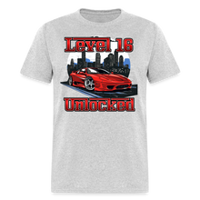 Load image into Gallery viewer, Level 16 Unlocked 16th Birthday Boy Gamer Sports Car Driver T-Shirt - heather gray