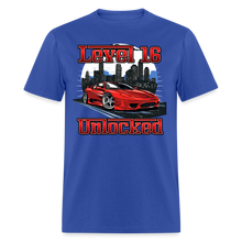 Load image into Gallery viewer, Level 16 Unlocked 16th Birthday Boy Gamer Sports Car Driver T-Shirt - royal blue