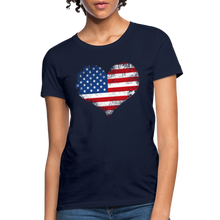 Load image into Gallery viewer, American Flag Heart, Vintage Grunge Style Patriotic Women's T-Shirt - navy