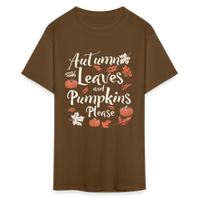 Load image into Gallery viewer, Autumn Leaves and Pumpkins Please Fall Cute Graphic Quote T-Shirt - brown