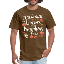 Load image into Gallery viewer, Autumn Leaves and Pumpkins Please Fall Cute Graphic Quote T-Shirt - brown